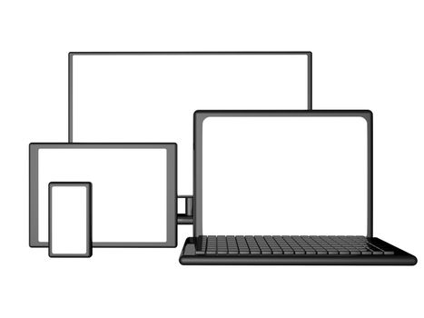 Monitor, laptop, smartphone and tablet with empty screen, 3d render