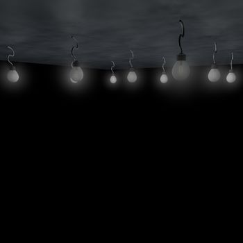 Many bulbs pending from ceiling, 3d render