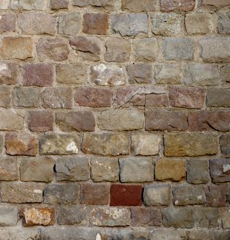 Background of Grey, Beige and Purple Old Damaged Bricks with Concrete Smoothing closeup