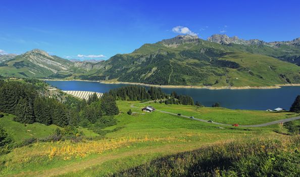 Roselend dam and Roselend lake by beautiful day in Savoie, France