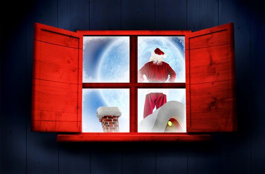 Santa delivery presents to village against window in wooden room