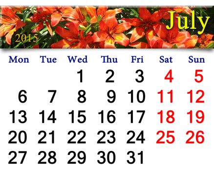 calendar for the July of 2015 on the background of beautiful red lilies