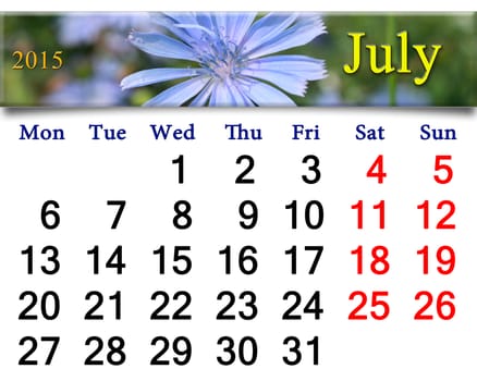 calendar for the July of 2015 on the background of flowers of Cichorium