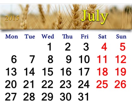 calendar for the July of 2014 with ribbon of field of wheat