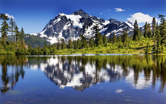 Picture Lake Evergreens Mount Shuksan Mount Baker Highway Snow Mountain Trees Washington Pacific Northwest USA

