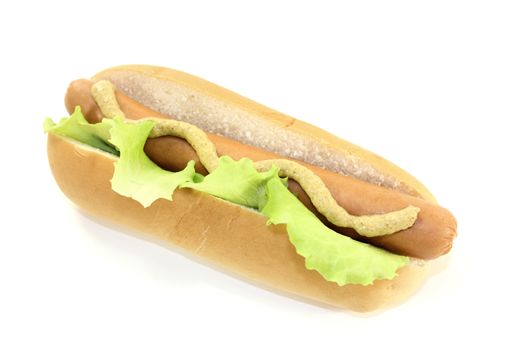 Hot dog with lettuce, sausage and mustard