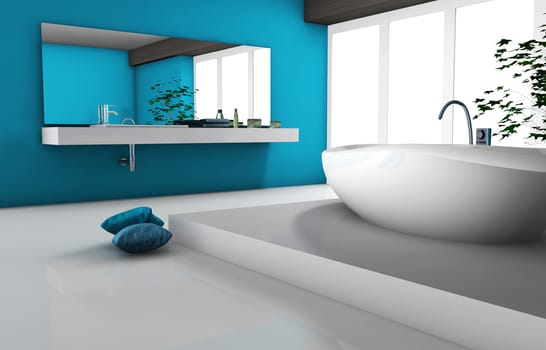 House interior of a modern bathroom with bathtub and contemporary design 3d rendering.