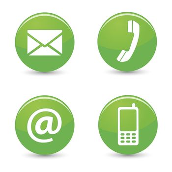 Website and Internet contact us page concept with green glossy buttons and icons isolated on white background.