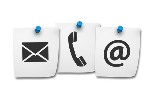 Website and Internet contact us page concept with black icons on paper post it isolated on white background.