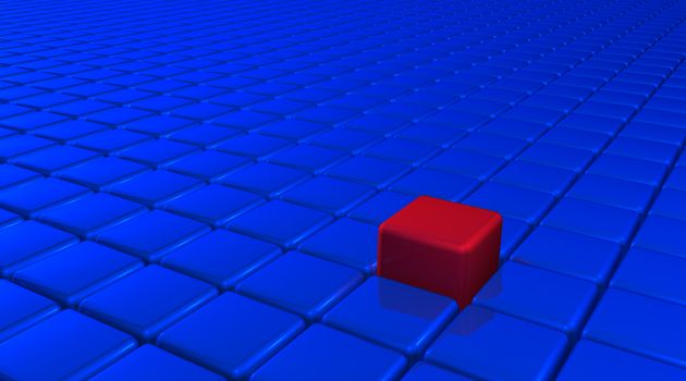 Innovation and uniqueness concept represented by red cube color and position. There's no one like you!