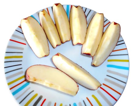 Eight pieces of an apple on a plate, isolated on white.

Picture taken on November 21, 2014.