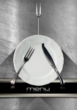 Restaurant menu with empty plate and cutlery, on steel brushed background with black horizontal band and written menu