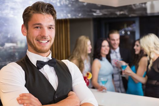 Handsome barman smiling at camera at the bar