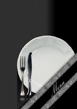 Restaurant menu with empty plate and cutlery, fork and knife, on a black and gray background with diagonal silver bands and written menu