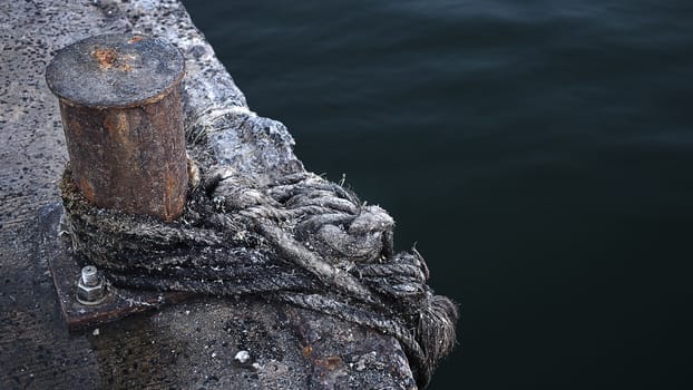 Grungy rope with rusty axis at dock