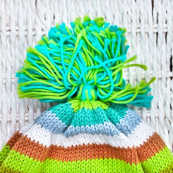 Part of a colorful child's wool hat