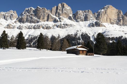 ski slope in the Dolomites near mountain Catinaccio