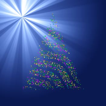 Christmas bokeh tree on blue light ray background