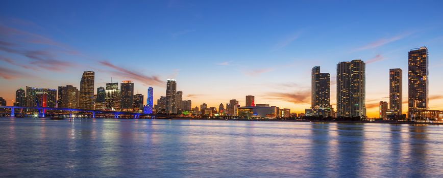 Panoramic view of Miami at sunset, USA.