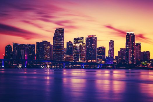 View of Miami at sunset, special photographic processing, USA