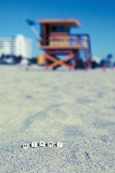 Maimi Southbeach, lifeguard house with letters on the sand, Florida, USA