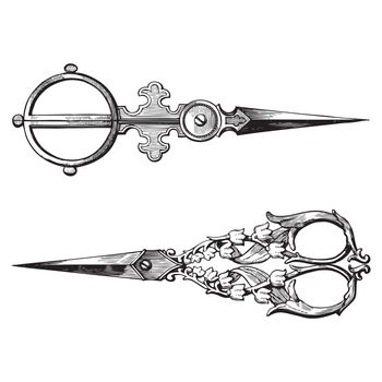 Ancient style engraving of two vintage ornate scissors
