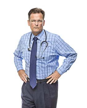 Serious Male Doctor with Stethoscope Isolated on a White Background.