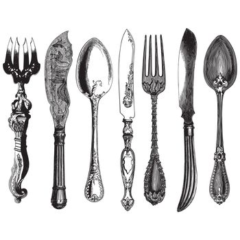 Ancient style engraving of a set of vintage cutlery, forks, knives and spoons