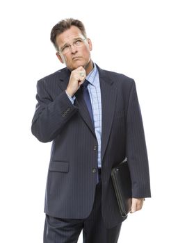 Handsome Businessman With Hand on Chin and Looking Up and Over Isolated on a White Background.