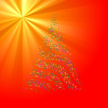 Christmas bokeh tree on golden light ray background