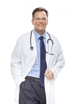 Handsome Smiling Male Doctor in Lab Coat with Stethoscope Isolated on a White Background.
