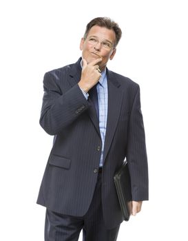 Handsome Businessman With Hand on Chin and Looking Up and Over Isolated on a White Background.