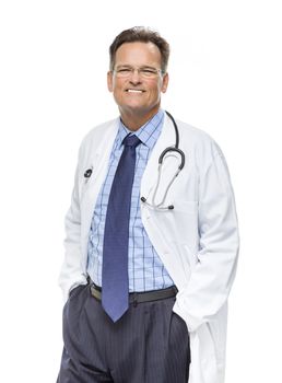 Handsome Smiling Male Doctor in Lab Coat with Stethoscope Isolated on a White Background.