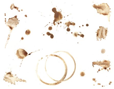 Collection of brown coffee stains and splatters isolated on white.
