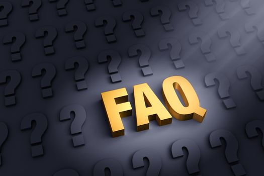 A spotlight illuminates a bright, gold "FAQ" on a dark background filled with gray question marks.
