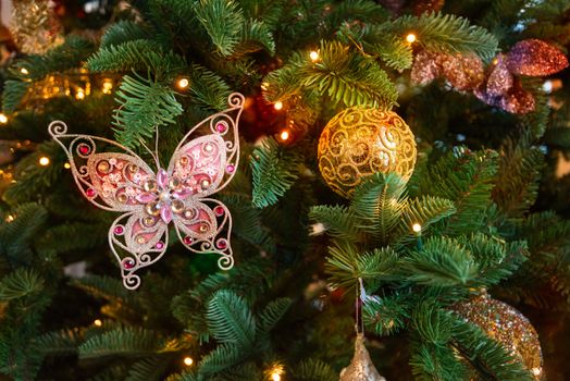 Christmas tree decoration closeup for New year background