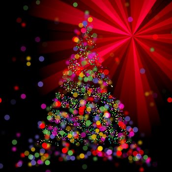 Christmas abstract bokeh tree on red light ray background