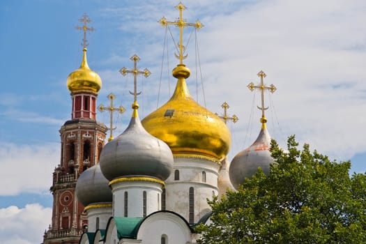 old cathedral in the trees and white clouds