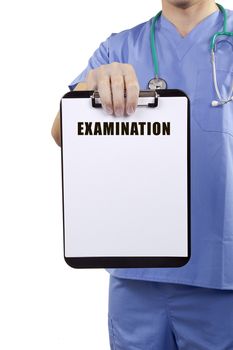 A doctor in blue uniform holding a clipboard with Medical examination.
