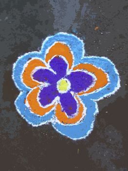 Rangoli, also known as kolam or Muggu, is a folk art from India in which patterns are created on the floor in living rooms or courtyards