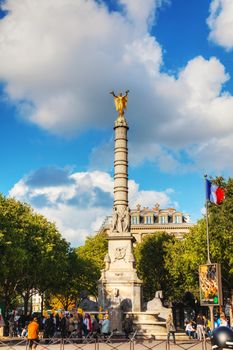 PARIS - OCTOBER 11: The Fontaine du Palmier monument on October 11, 2014 in Paris, France. It's a monumental fountain located in the Place du Chatelet designed to commemorate the victories of Napoleon Bonaparte.