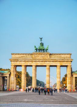 BERLIN - OCTOBER 3: Brandenburg gate (Brandenburger Tor) on October 3, 2014 in Berlin, Germany. It's an 18th-century neoclassical triumphal arch in Berlin, one of the best-known landmarks of Germany.