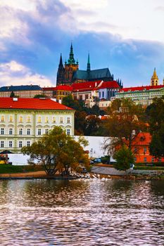 Old Prague overview at the sunset time