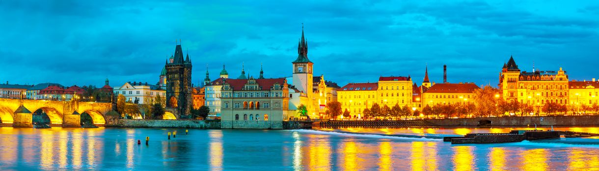 The Old Town with Charles bridge in Prague in the evening