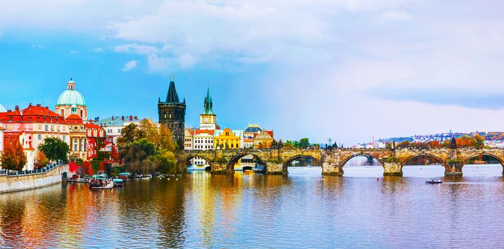 The Old Town panorama with Charles bridge in Prague in the evening