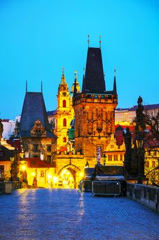 The Old Town with Charles bridge in Prague after sunset