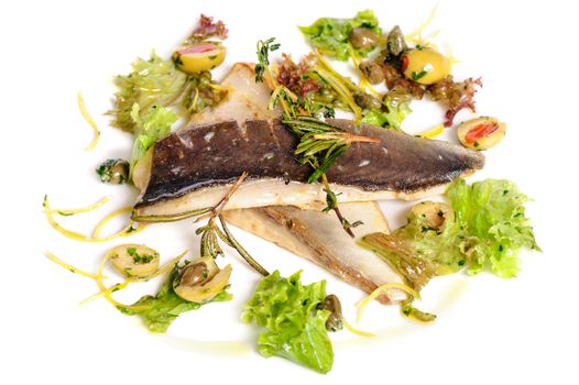 Pompano or dorada fish fillet fried and served with herbs