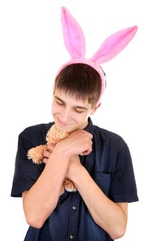 Teenager with Bunny Ears and Teddy Bear Isolated on the White Background