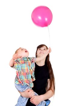 Young Mother and Child with Red Balloon Isolated on the White Background
