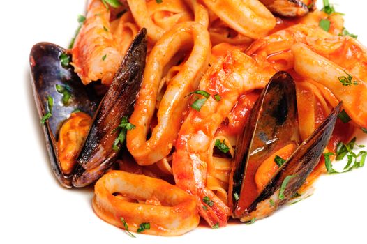 Seafood mixed saute with shrimps, mussels and squids,isoalted on white
